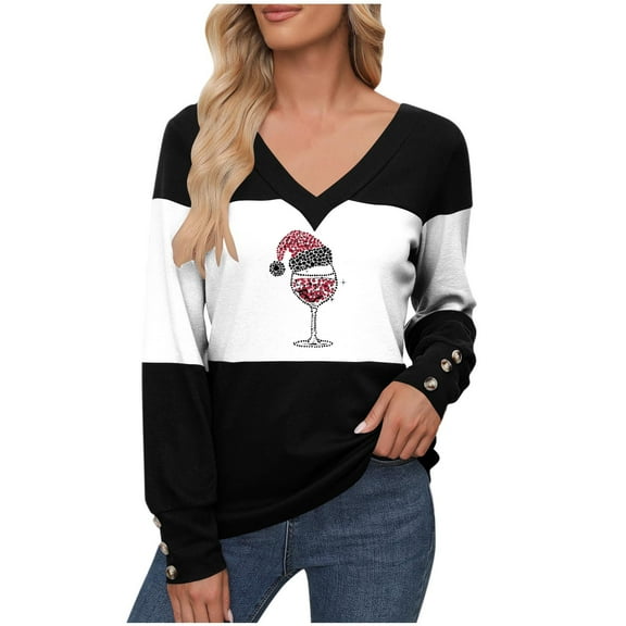 FDGIU Women's Christmas Long Sleeve T-Shirt - Lightweight Christmas Tree Graphic Top, Snowflake Sequined Blouse, Xmas Vacation Casual Sweatshirt