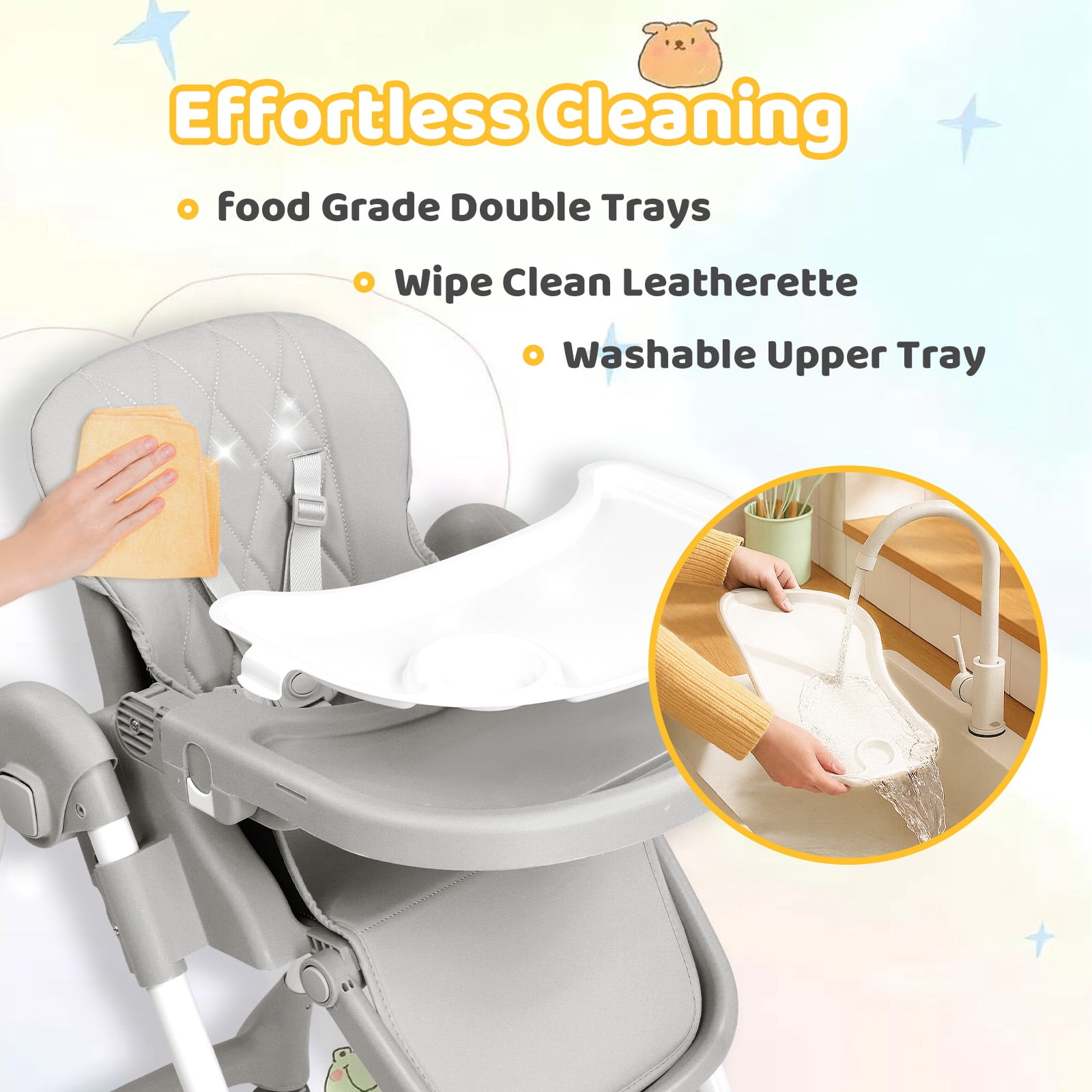 PEXMOR 4 in 1 Portable Baby High Chair, Convertible Foldable Highchair, Adjustable Height & Recline Positions, Gray