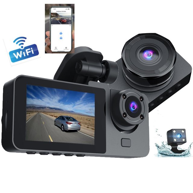 Grabadora de conducción con wifi de tres grabaciones HD 1080P, grabadora de monitoreo de imagen de marcha atrás con visión nocturna HD para automóvil