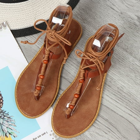 

〖Yilirongyumm〗 Brown 39 Sandals Women Buckle Shoes Casual Strap-On Cross Flat-Soled Women Sandals Strap Bandage Women s Sandals