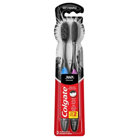 Colgate 360 Charcoal Toothbrush, Adult Soft Toothbrushes, 2 Pack