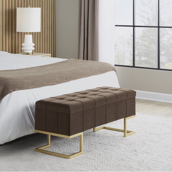 Midas Contemporary/Glam Storage Bench in Gold Steel and Brown Velvet by LumiSource
