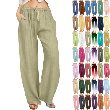 Linen Pants Women Summer Flowy Pants for Women Solid Color Linen Sashes Black Pants Women Straight Casual Long Wide Leg Trouser Pants for Women Pants Trousers
