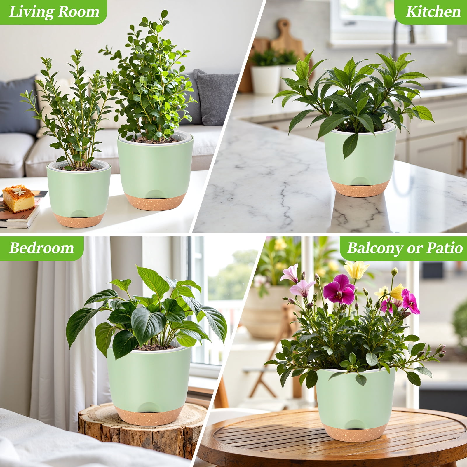 QCQHDU 7.2 Inch Self Watering Planters for Indoor Plants with Bottom Watering,2Pack Flower Plant Pots for Outdoor with Drainage, Durable Plastic planters Pots(Green)