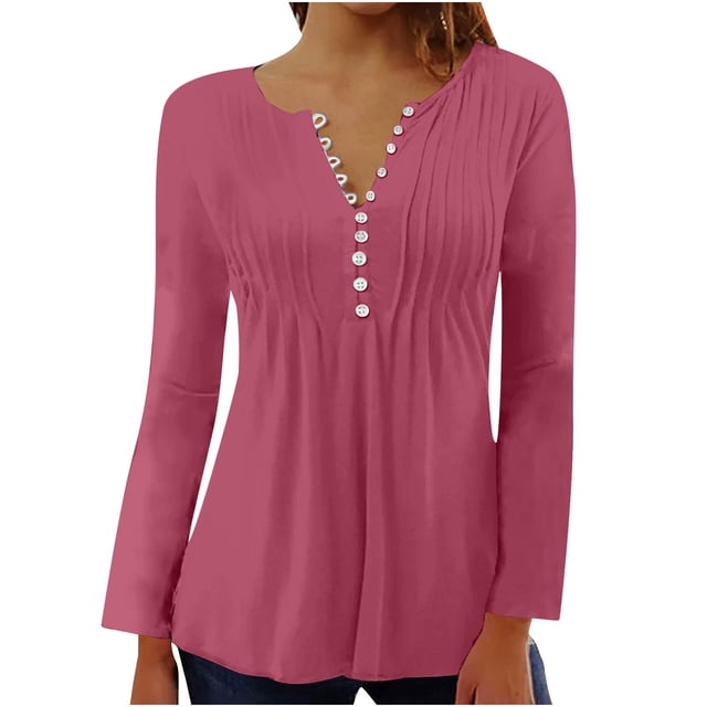 HKEJIAOI Polyester Long Sleeve Solid Top Women Button Down Round Neck Classic Fit
