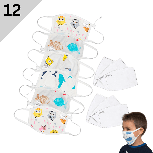 Wildfire Smoke Protection Mask 4-Layer Waterproof Reusable Cloth Mask For Kids Age 5-10 Yrs (6 Masks + 6 PM2.5 Pads)