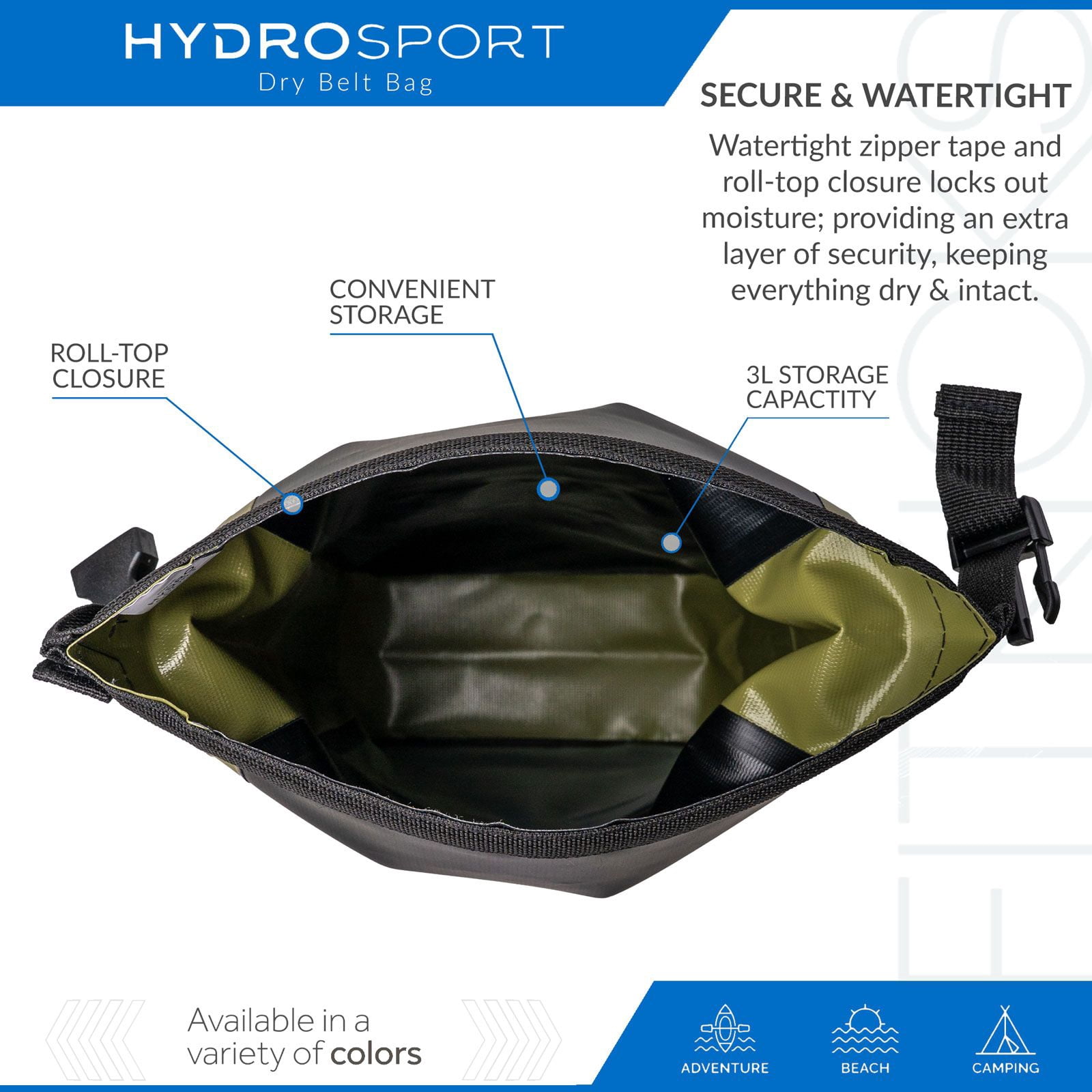 FITKICKS HydroSport Dry Belt Bag Waterproof Waist Pack with Adjustable Strap - Green