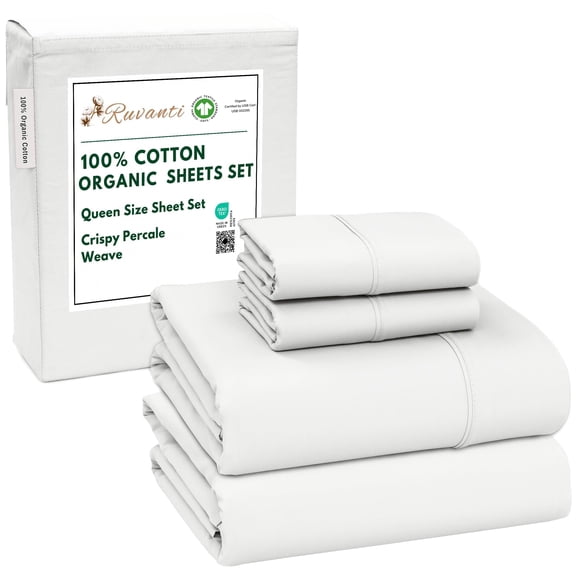 RUVANTI 100% Organic Cotton Sheets - Queen Sheet Set - 4 Piece Percale Weave Bedding, Crisp, Cooling & Breathable, Soft & Durable, 16" Deep Pocket, Hotel Quality Sábanas - Bit of Blue