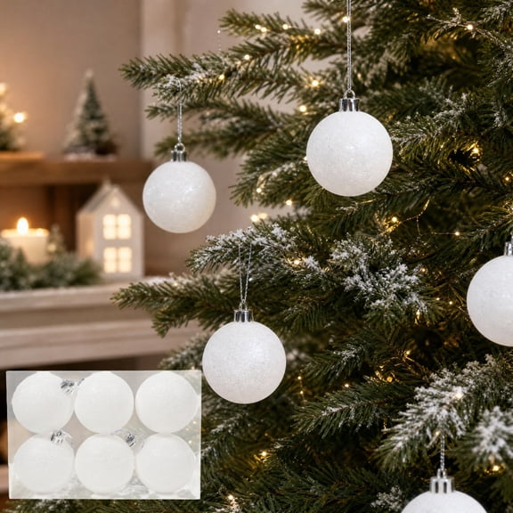 Christmas Tree Decor Ornaments, 6Pcs 6cm White Glitter Christmas Ball Ornament Set, for Xmas Tree, Holiday Garland, Home Room Party Decor