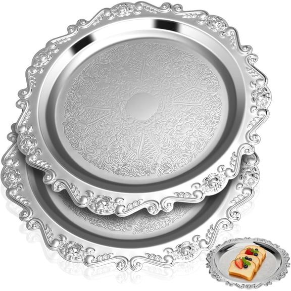 9.8Inch Serving Tray, Vintage Decorative Platter for Appetizers & Desserts, Perfume Tray Jewelry Organizer for Vanity, Coffee Table, Party Centerpiece(2Pcs,Silver)