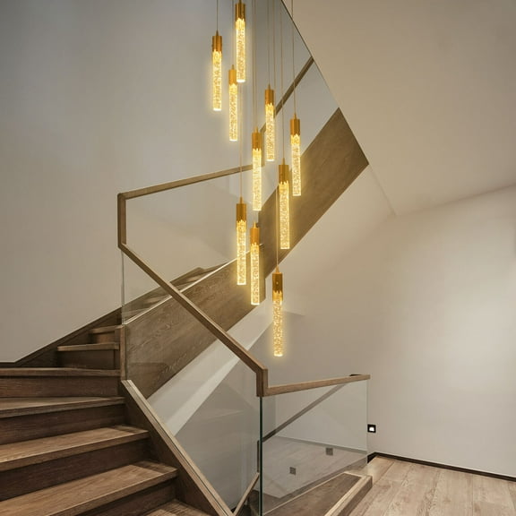 Modern High Ceiling Crystal Chandelier Adjustable Long Attic Pendant Light