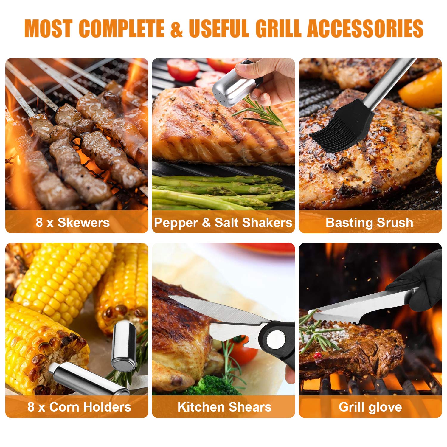 BBQ Grill Accessories Set, 38Pcs Stainless Steel Grill Tools Grilling Accessories with Aluminum Case, Thermometer, Grill Mats for Camping/Backyard Barbecue, Grill Utensils Set for Men Women - image 3 of 7