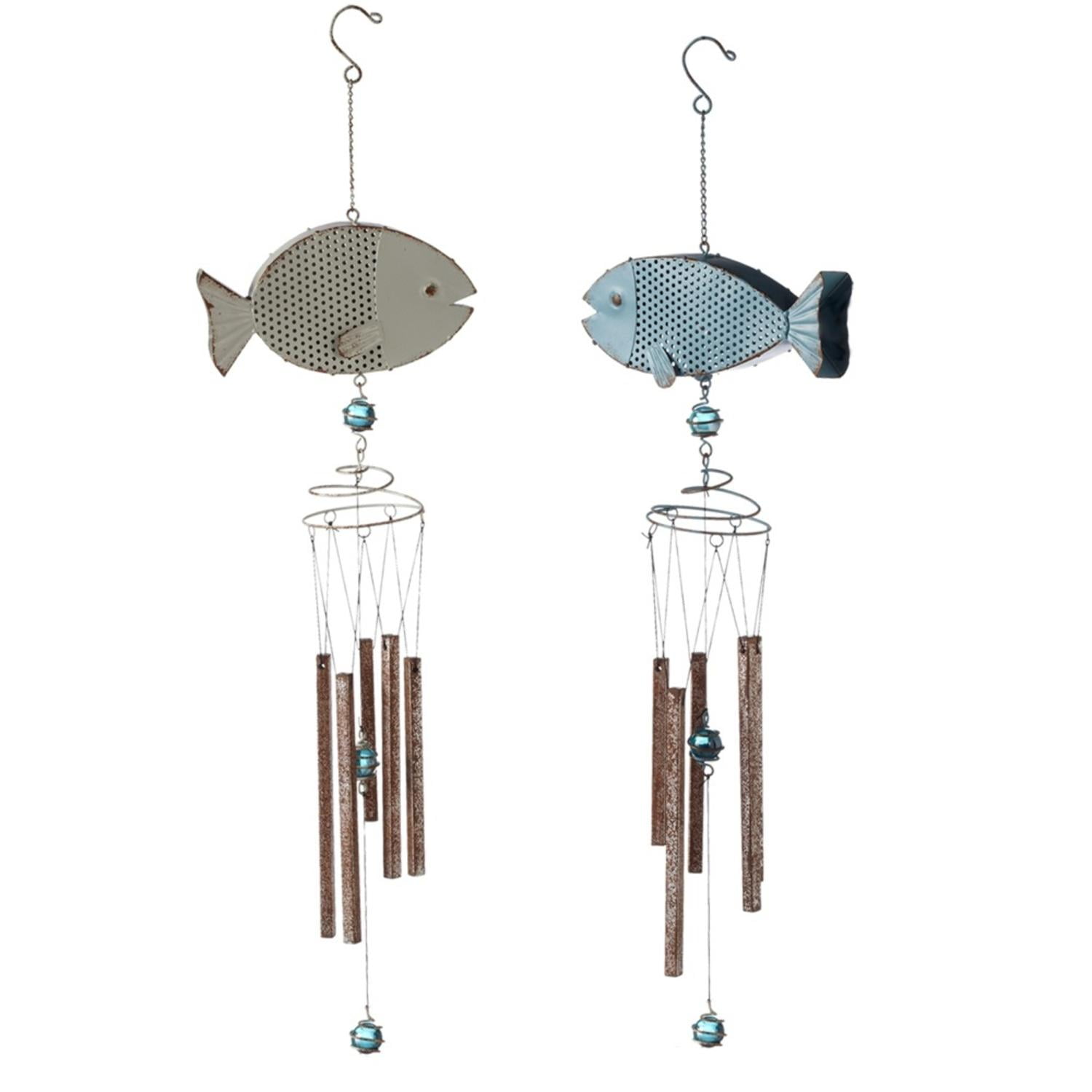 Set of 2 Indoor/Outdoor Nautical Gray and Blue Hanging Fish Wind Chimes 16.75"