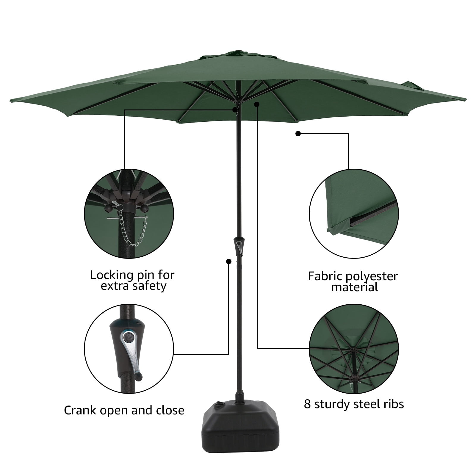 Patio Umbrella, 11' Outdoor Table Market Large Umbrella with 8 Steel Ribs and Crank, Water/Sand Self-Filled Umbrella Base Included, Dark Green