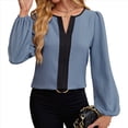 thumbnail image 3 of Blusas Elegantes de Larga para Mujer, con Cuello en V y Bloques de Color, para Negocios y Trabajo, Ropa de Moda para Otoño. Azul L, 3 of 10