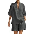 thumbnail image 3 of VBVC Women's 2 Piece Cotton-Linen Outfit Set,Short Sleeve Top and Elastic Waist Shorts for Women,Ladies Lightweight V-Neck Loungewear with Pockets,Dark Gray,S-3XL, 3 of 9