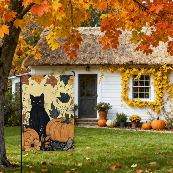 HomeKingdee Fall Cat Pumpkin Garden Flag for Outside Double Sided Burlap Autumn Thanksgiving Maple Leaf Sunflower Flowers Farmhouse Holiday Rustic Outdoor Yard Flag Home Decorations