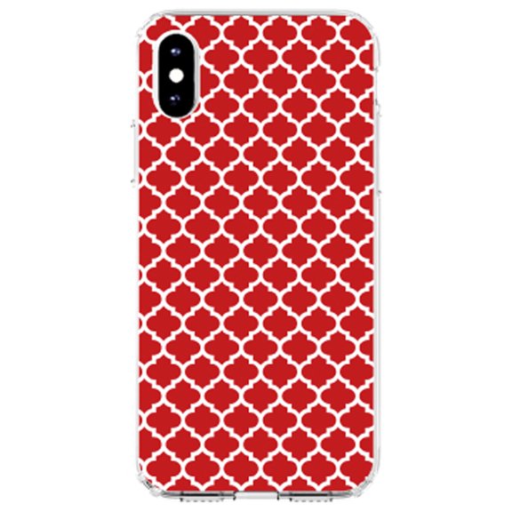 DistinctInk Clear Shockproof Hybrid Case for iPhone XS Max (6.5" Screen) - TPU Bumper, Acrylic Back, Tempered Glass Screen Protector - Red White Moroccan Lattice