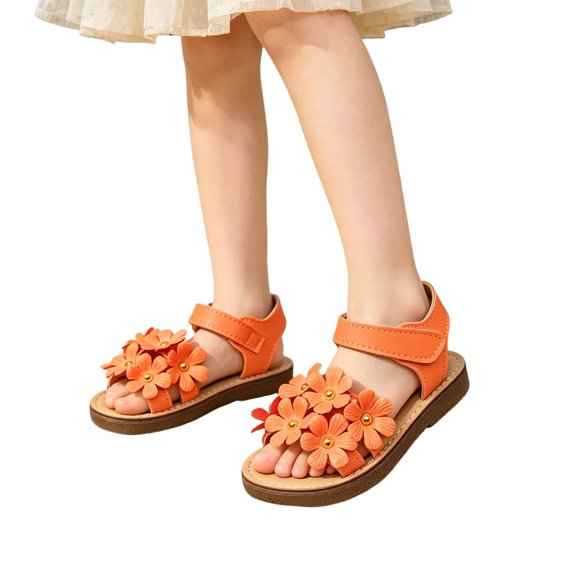 Girls Sandals Comfort Summer Outdoor Casual Beach Shoes with Flower Anti Rubber Sole(Orange,4-5 Years)