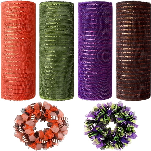 AUQ 4 Rolls Poly Burlap Deco Mesh - Deco Poly Decorative Mesh Wrapping Ribbon with Foil Rolls for Home Door Wreath Decoration DIY Crafts Making (Green/Orange/Purple/Brown/10 Inches x 10 Yards)