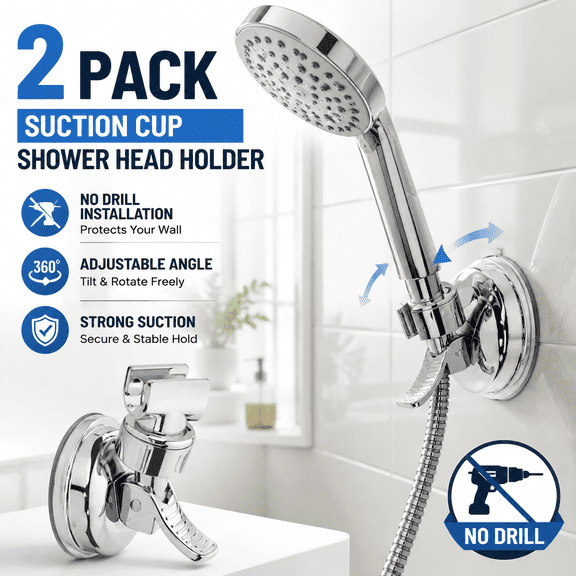 2 Pack Suction Cup Shower Head Holder, Adjustable Handheld Shower Head Bracket, No Drill Removable Wall Mount Holder for Bathroom, Silver