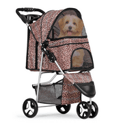 MoNiBloom 3 Wheel Folding Pet Dog Stroller, Foldable Lightweight Trolley with Storage Basket, Cup Holder and 360 Rotating Front Wheel for Small Medium Dogs, Leopard Print