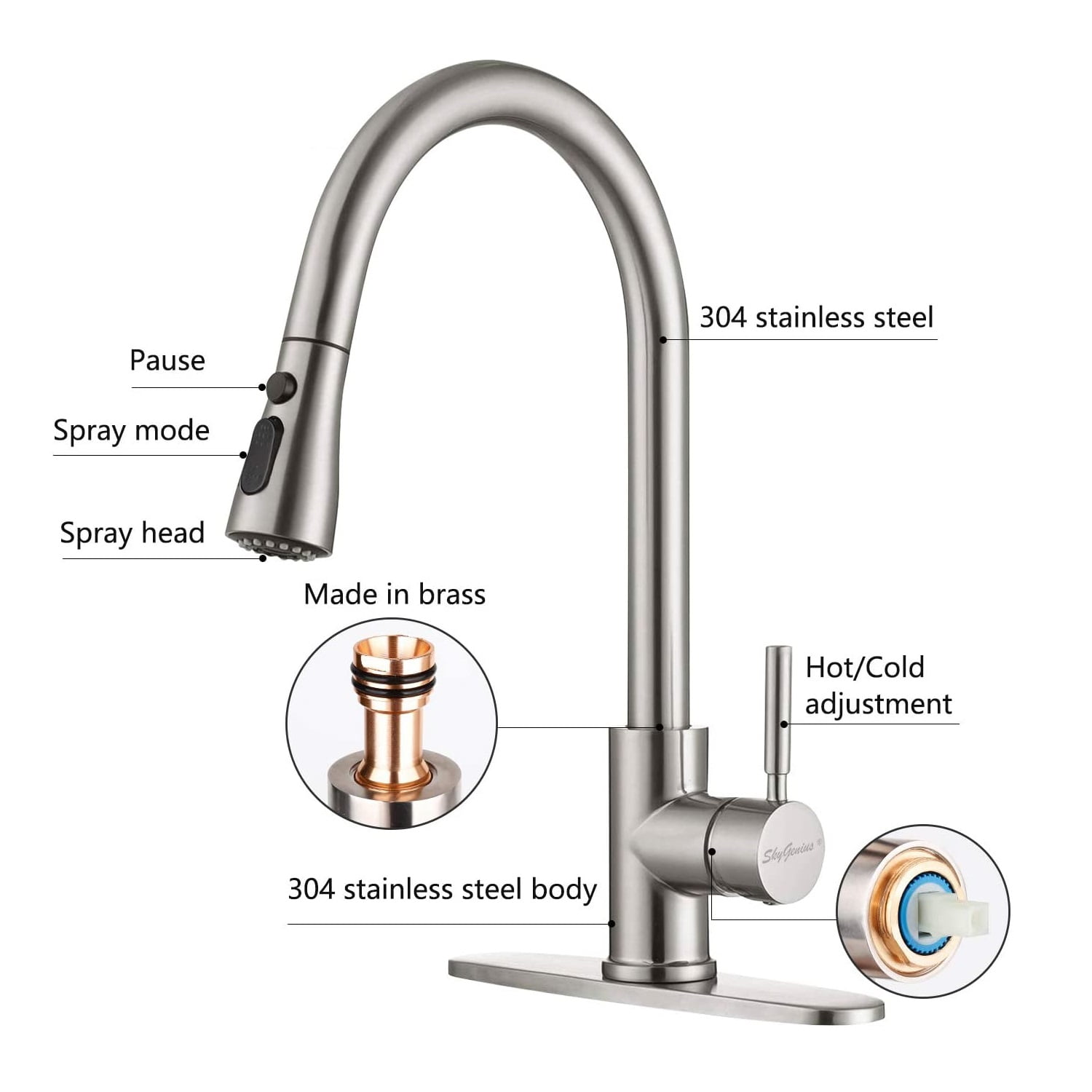 SkyGenius Pull Down Kitchen Faucet with Sprayer Deck Plate Single Handle Sink Faucet, Brushed Nickel