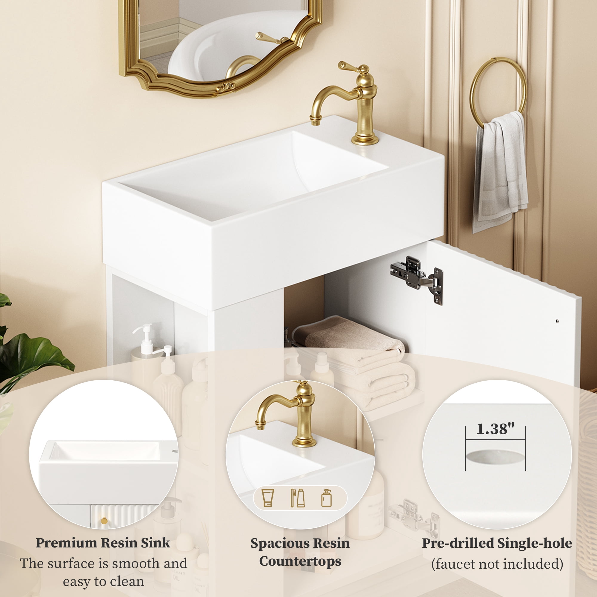 MAYEERTY 18.5" Modern Floating Bathroom Vanity - Resin Basin, Left-Side Storage for Small Bathrooms