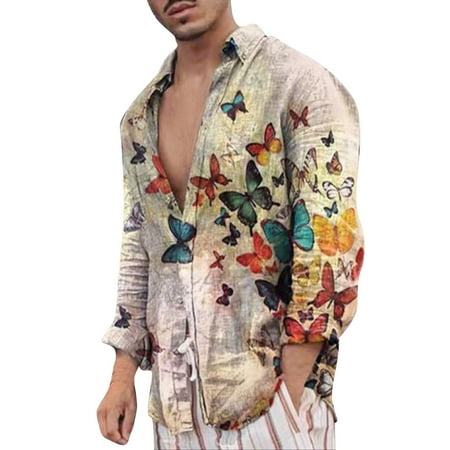 

Men Autumn Winter And Linen Printed Long Sleeves Single Stand Collar Casual Shirts Top down Pajama