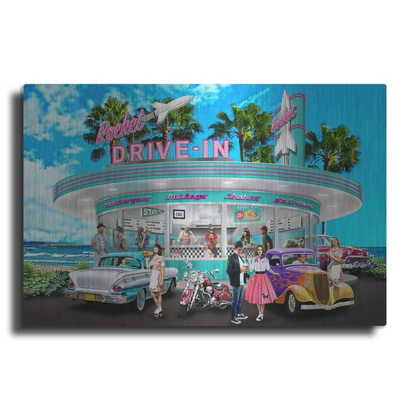 Luxe Metal Art 'Rocket Drive-In' by Chris Dobrowolski, Metal Wall Art, 16"x12"