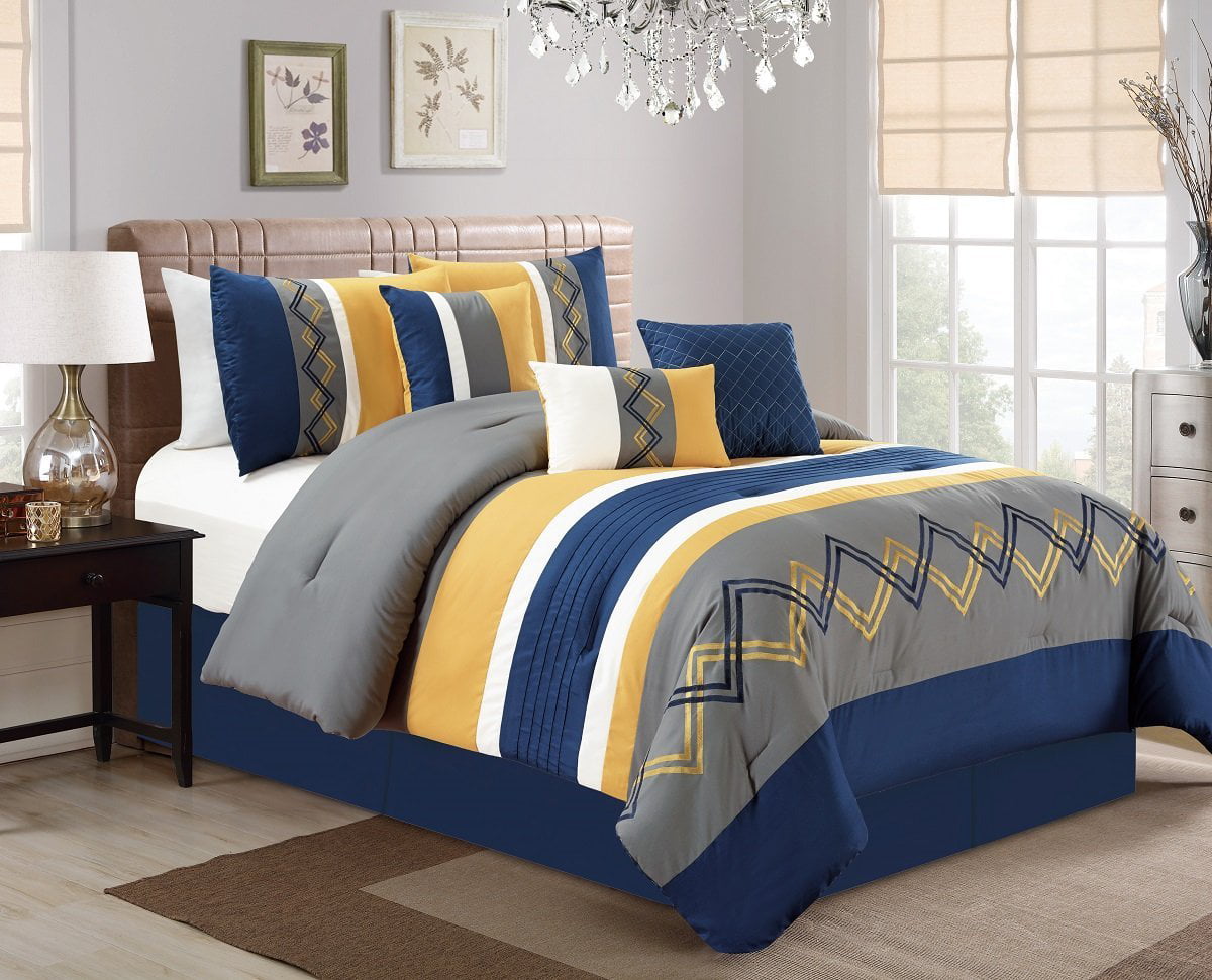 7 Pieces Striped Microfiber Comforter Set with Embroidered Design Yellow Grey 