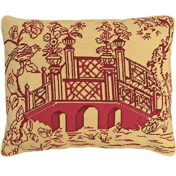 Pillow Throw Red Bridge 16x20 20x16 Beige Needlepoint Canvas Cotton Velvet Wool