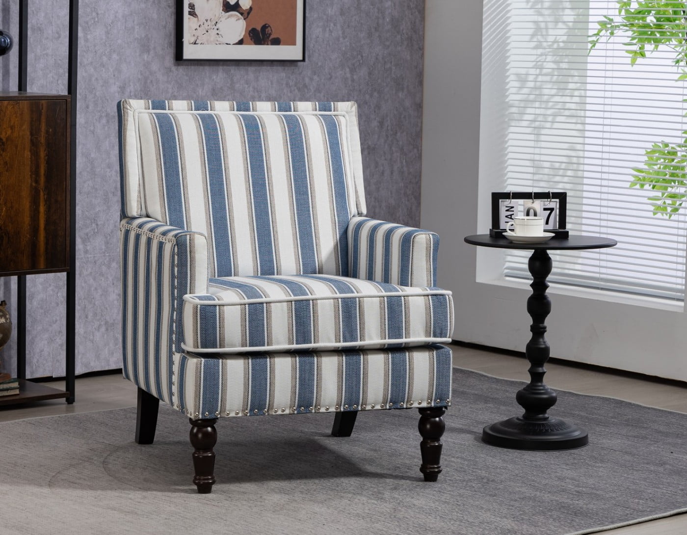 Upholstered Accent Chair with Nailhead Trim, Vintage Striped Linen Armchair, High-Density Foam Reading Chair with Solid Wood Legs for Living Room, Bedroom, Home Office, Blue & White