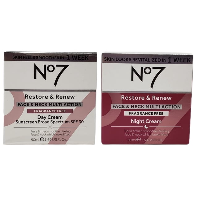 Crema No. 7 No Restore and Renew para rostro y cuello SPF30, 50 ml, paquete de 2