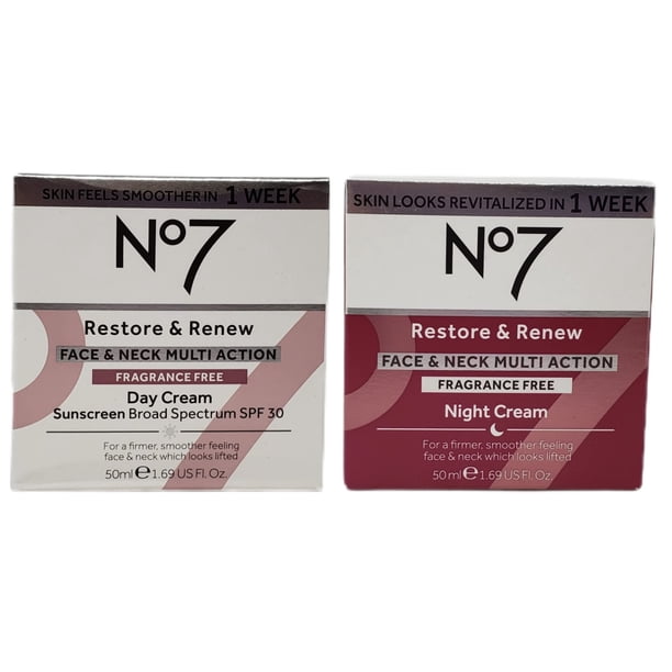 Crema No. 7 No Restore and Renew para rostro y cuello SPF30, 50 ml, paquete de 2