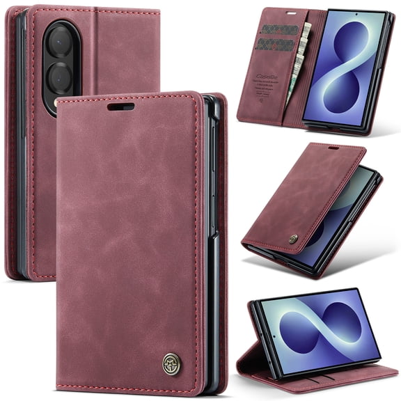 Corliven for Samsung Galaxy Z Fold8 Case, PU Leather Wallet Case with Card Slots, Kickstand, Magnetic Flip Cover, Winered