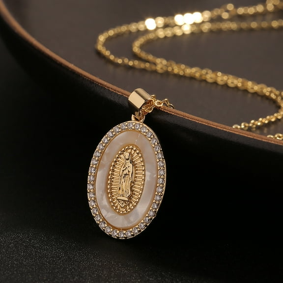 Classical Women's Religious Jewelry 14K Yellow Gold CZ Zircon Inlay Virgin Mary Pendant Chain Necklace