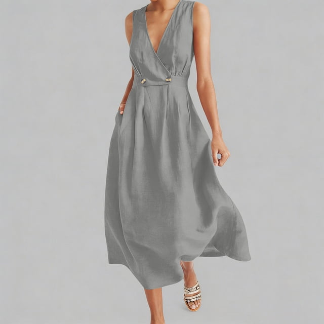 Robes Élégantes pour Femmes Formelles Élégantes Robe Maxi en Lin pour Femme Sans Manches à Col en V à Double Boutonnage Fluide Décontractée Taille Haute Évasée Robe d'Été avec Poches Gris G
