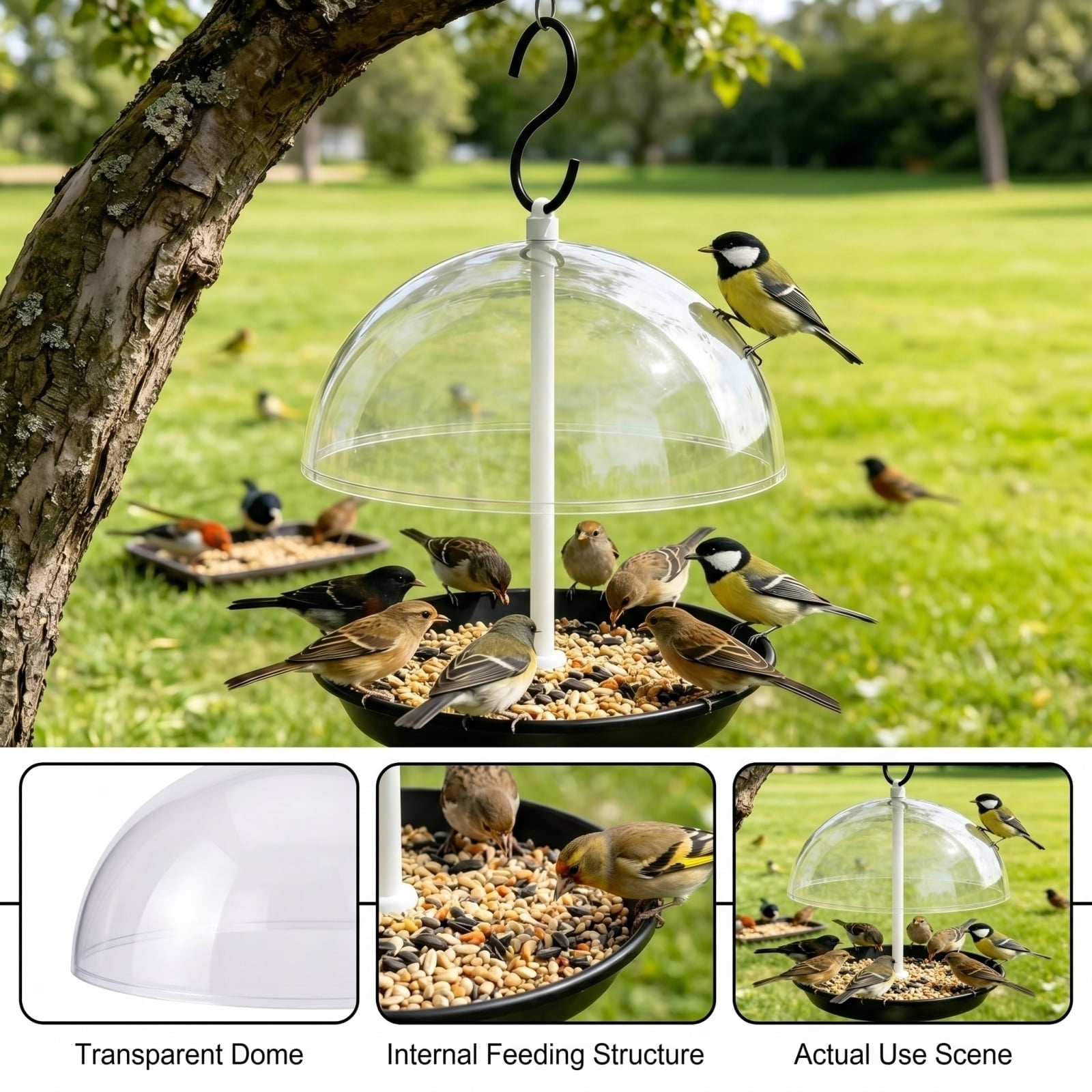 Cthrlog Adjustable Platform Bird Feeder for Outdoors, Hanging Metal Seed Tray with Clear Rain Proof Dome, Large Capacity for Wild Bluebird Cardinal Dove Mealworm, Black