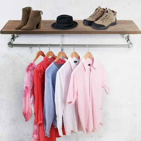 35'' Industrial Pipe Clothing Rack Wooden Shelving Shoes Rack Cloth ...