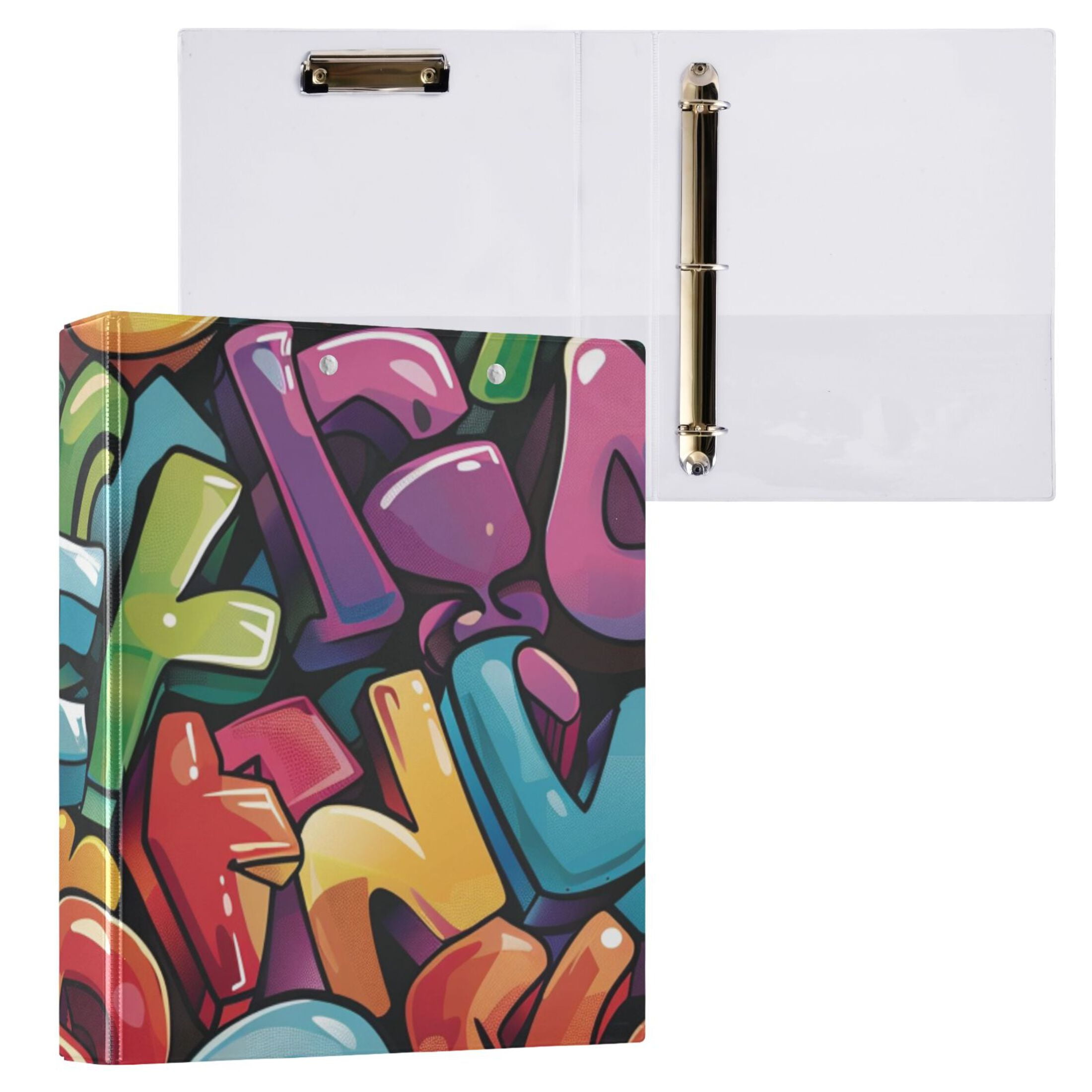 Cartoon Words 3 Ring Binders 1.5 inch Hardcover File Folders with Interior Pockets A4 Size Organizer for School Office Hospital