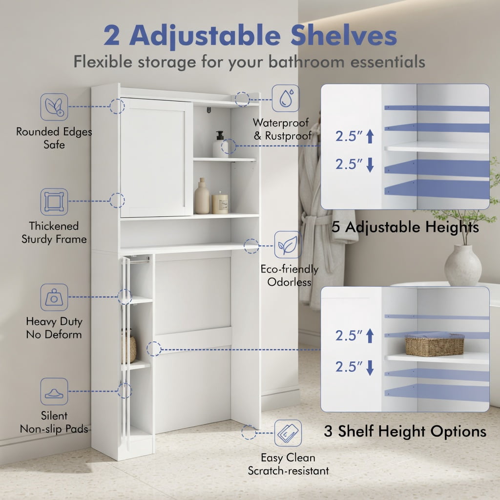 Hommoo Over-the-Toilet Storage Cabinet with Sliding Door, MDF Bathroom Organizer, Adjustable Shelves & Wall-Safe Anti-Tip Design, White