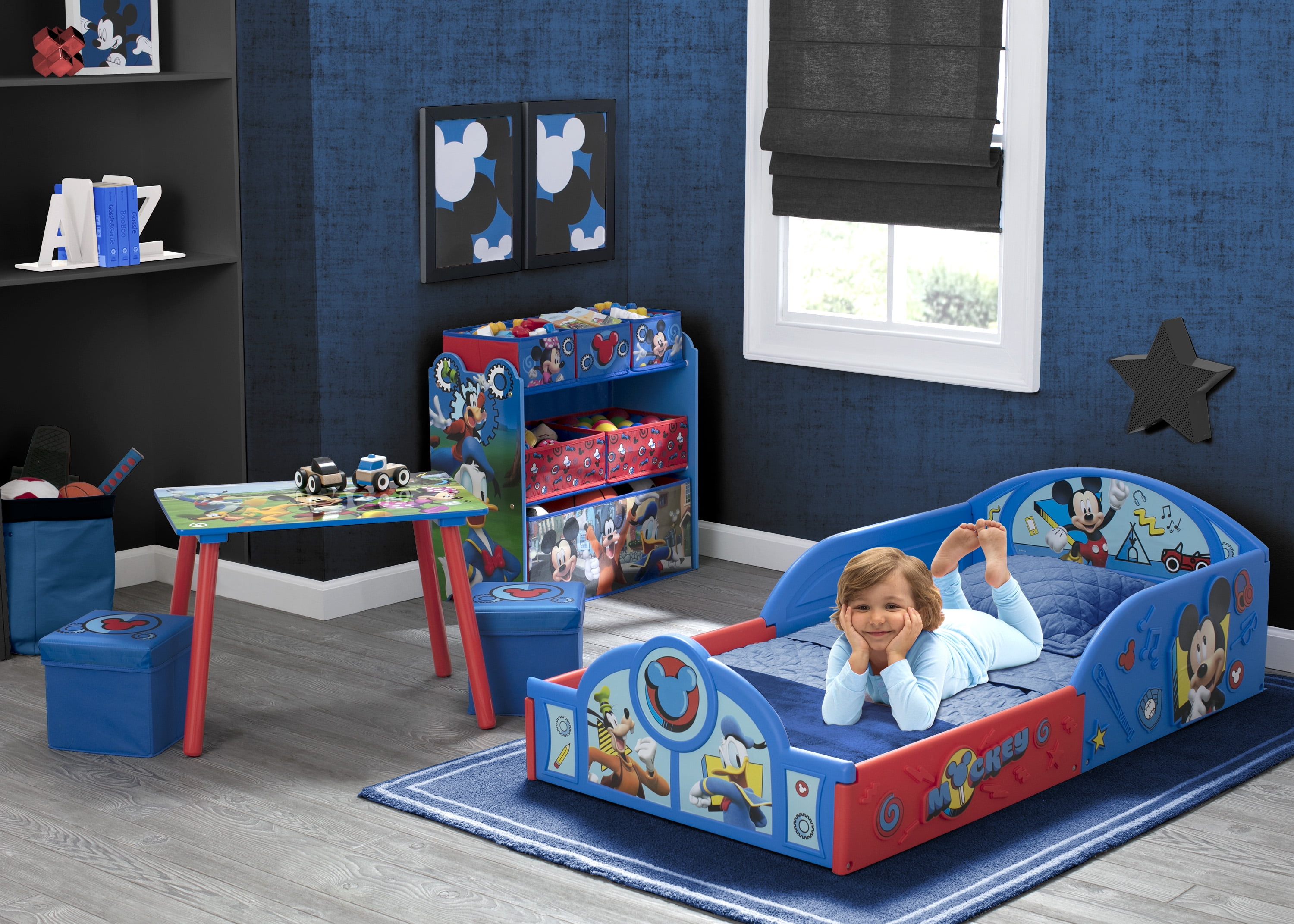 Disney Mickey Mouse 5 Piece Toddler Bedroom Set By Delta Children Includes Toddler Bed Table Ottoman Set Multi Bin Toy Organizer Walmart Com Walmart Com