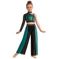 thumbnail image 4 of YiZYiF Girls Sequin Rhinestones Crop Top with Lyrical Performance Chiffon Pants Jazz Dance Outfit Sets Green 6, 4 of 6