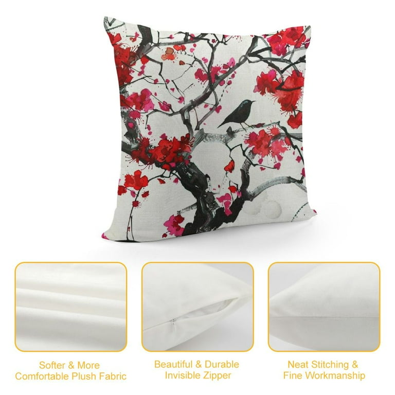 Throw Pillow Covers18x18 Set Of 2 Pink Cherry Blossom Linen Decorative Zipper Pillowcase Home Bed Sofa Couch Chair Watercolor Spring Flowers Farmhouse C