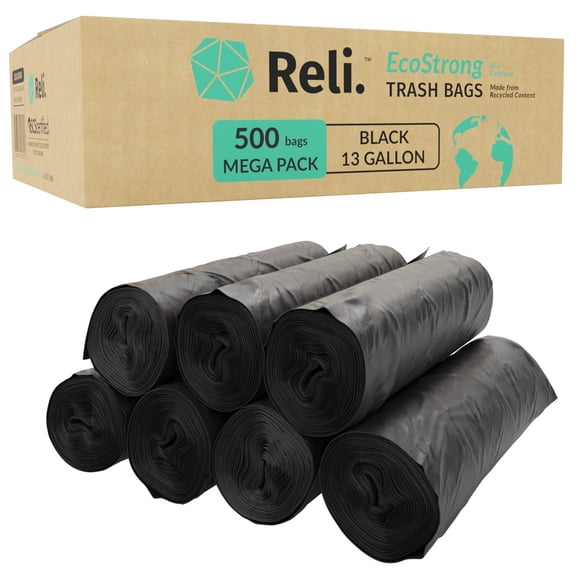 Reli. EcoStrong 13 Gallon Trash Bags | 500 Count Bulk | Black | Eco-Friendly | Made from Recycled Material