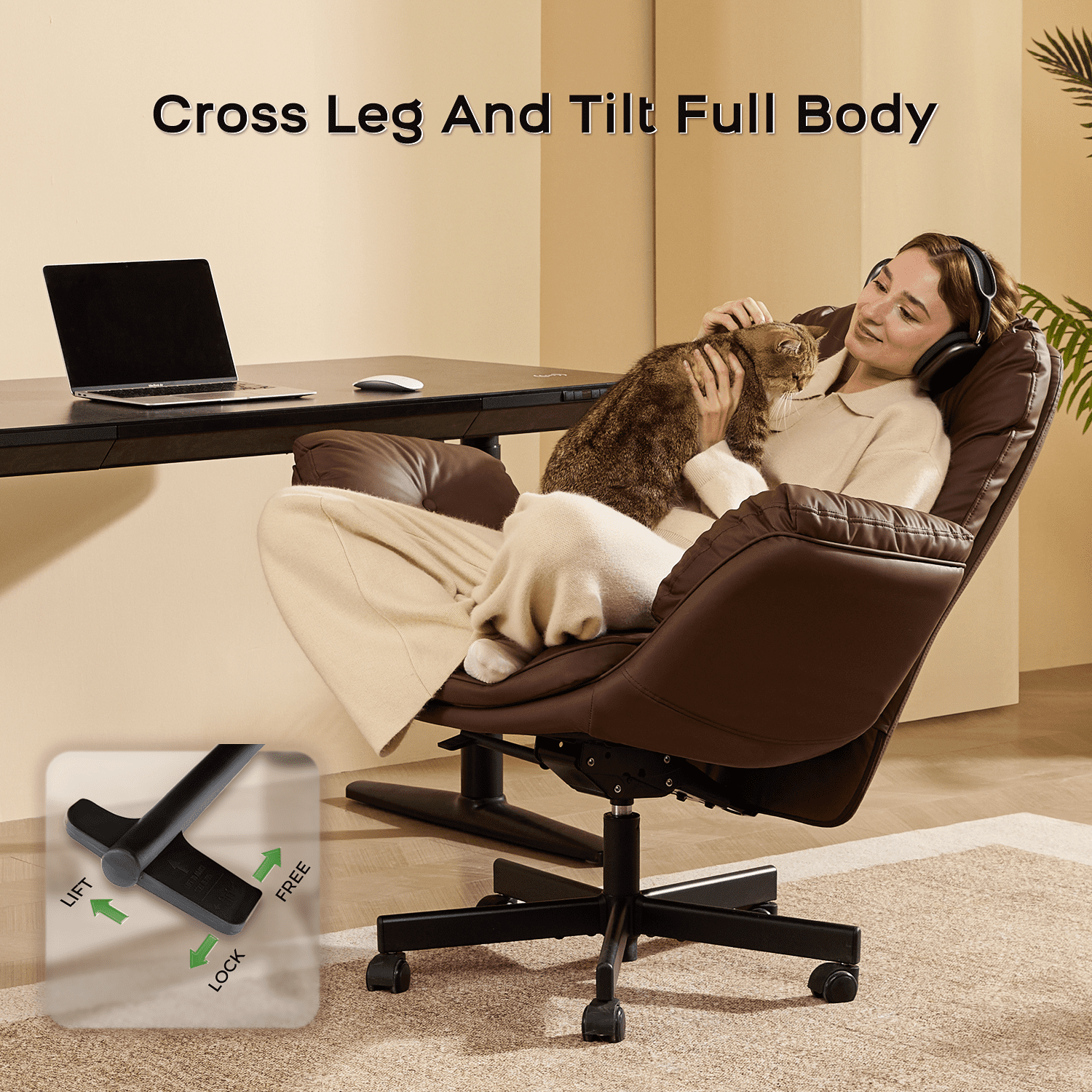 TMV PU Leather Office Chair Criss Cross Chair,Vanity Chair with Armrests & Wheels for Cross-Legged,Adjustable Swivel Desk Chair Wide Rolling Chair for Adults,Brown
