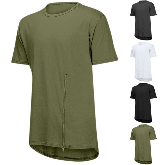 Hinvhai Men's Crew Collar Solid Asymmetric Irregular Hem Casual T-Shirt Tops Solid Asymmetric Zipper Short Sleeve T-Shirt White 10(XL)
