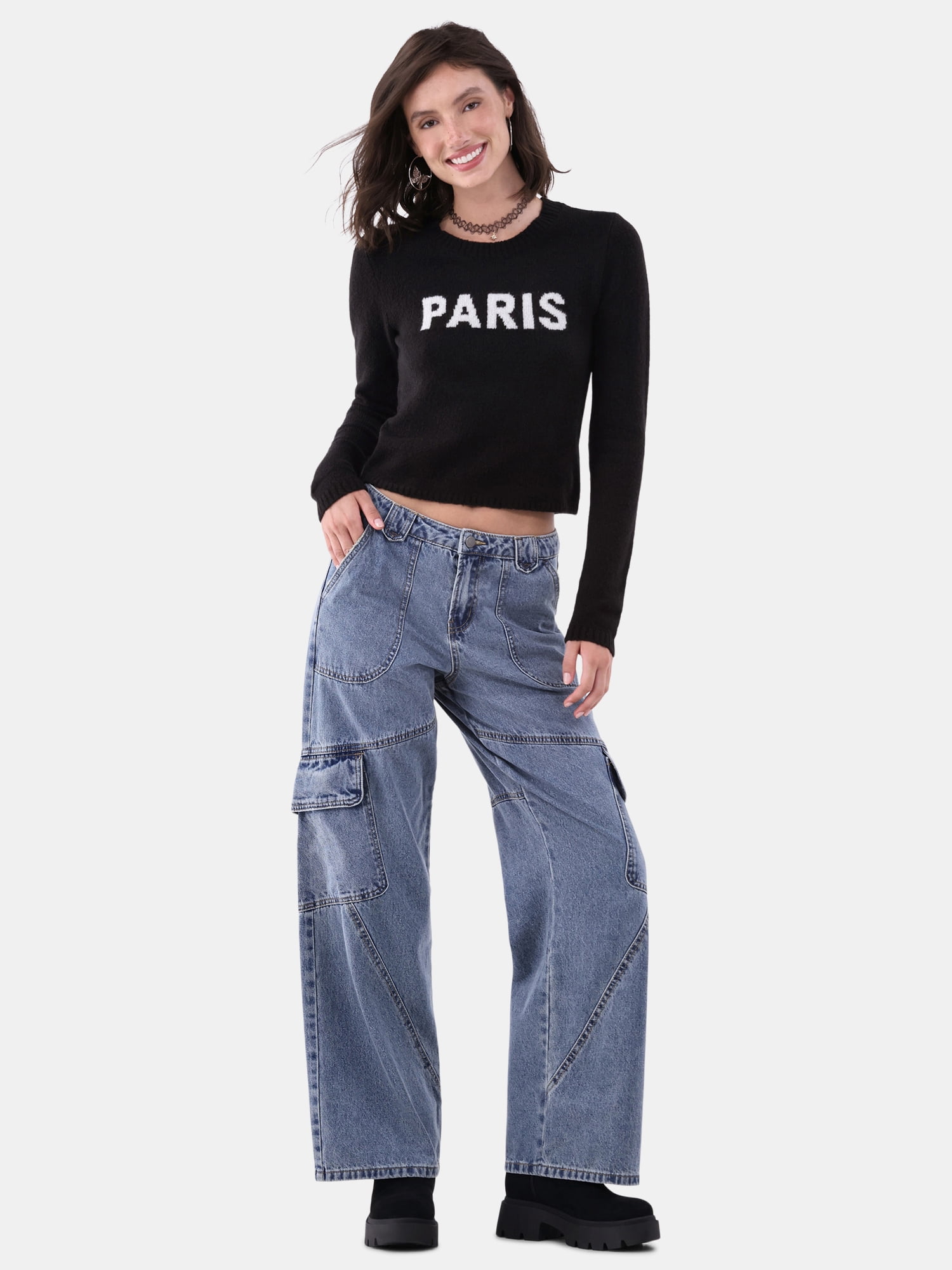 No Boundaries Crewneck Pullover Sweater, Women's and Women's Plus