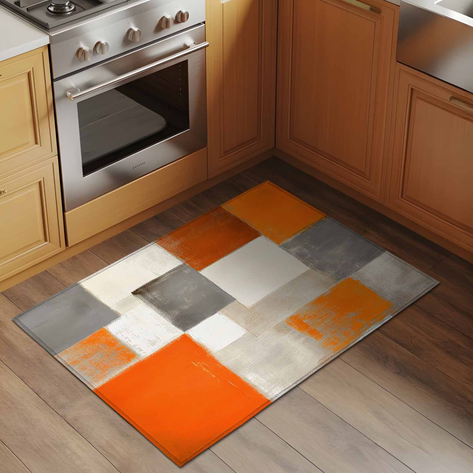 Burnt Orange Bathroom Mat 2x3 FT, Non Slip Small Kitchen Mat, Grey Modern Abstract Art Oil Painting Geometric Washable Soft Backed Front Door Throw Rug Indoor Outdoor Doormat for Entryway Sink